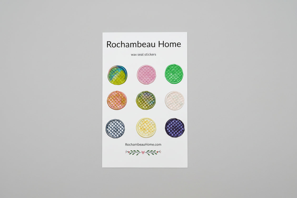 Close up view of the Hiss & Tell wax seal stickers created by Rochambeau Home on a 9 pack card