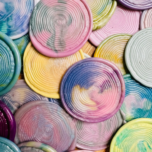 Overview of the woodgrain Wild Rings wax seal stickers with vibrant colors