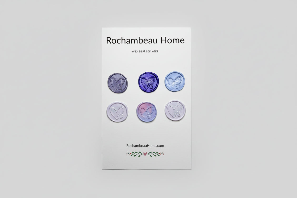 Paw & Heart wax seal stickers created by Rochambeau Home in a purple theme