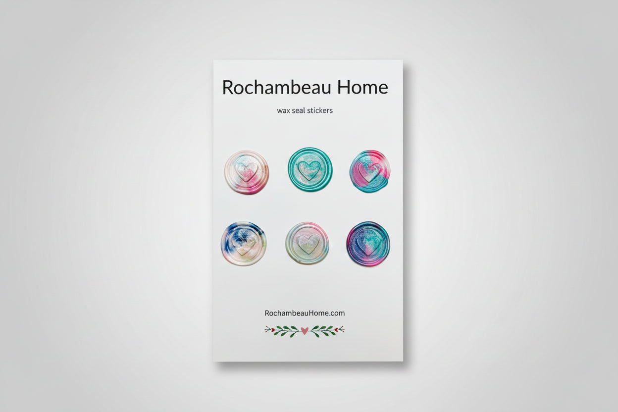 Packaging of Rochambeau Home wax seal stickers with heart designs on a white background.