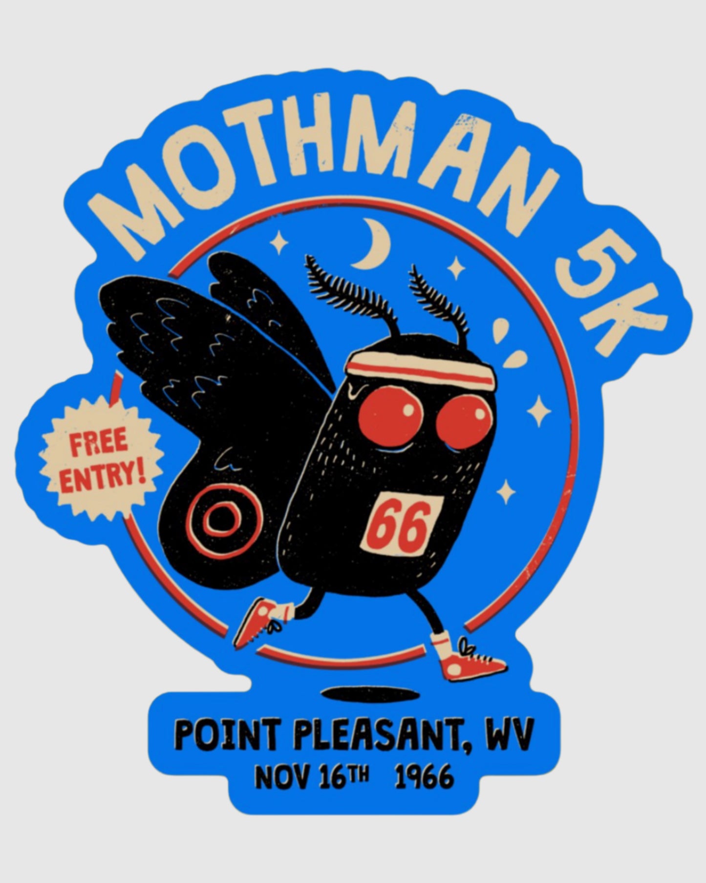 Inspiring sticker featuring a fearless moth racing toward victory with sparkle