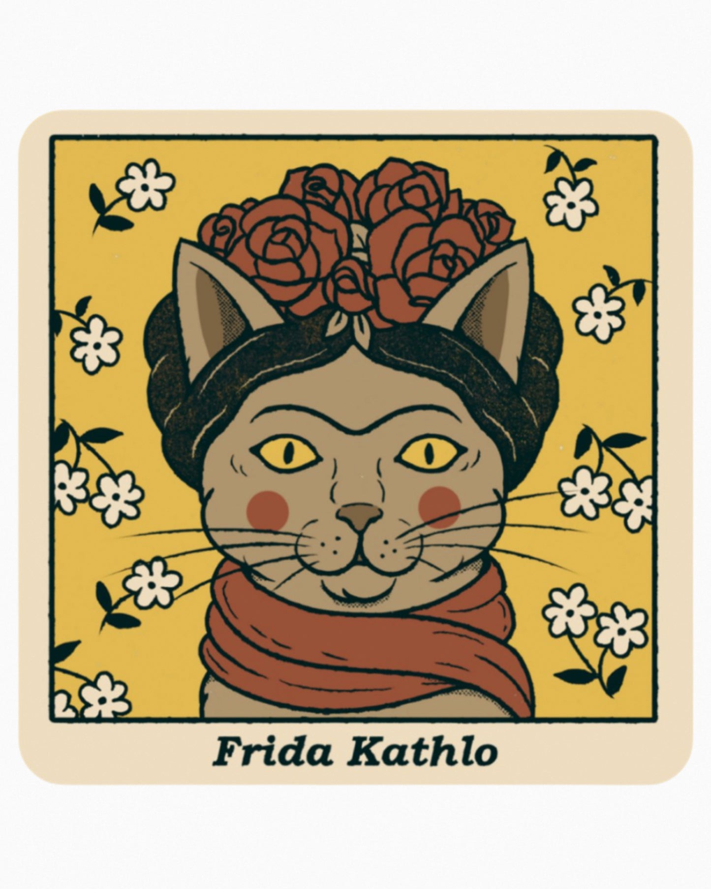Creative sticker featuring Frida Kahlo with a whimsical cat and floral headpiece