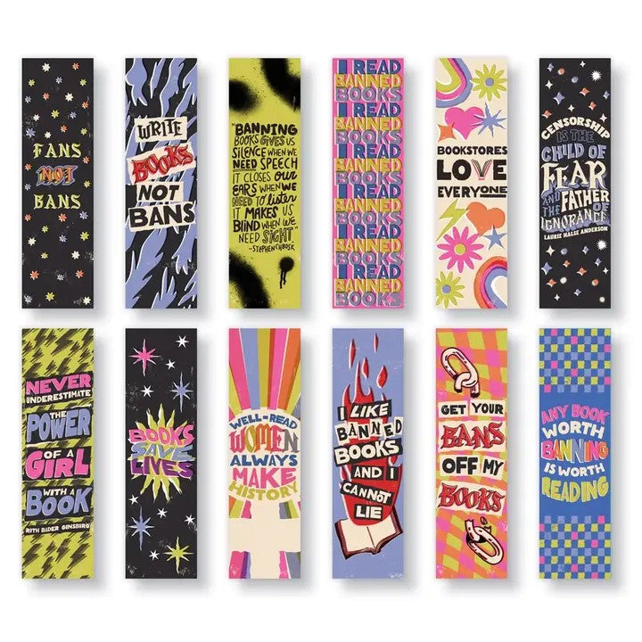Spread of all 12 unique banned book-themed bookmark designs