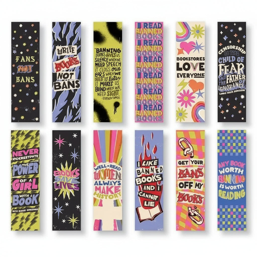Spread of all 12 unique banned book-themed bookmark designs