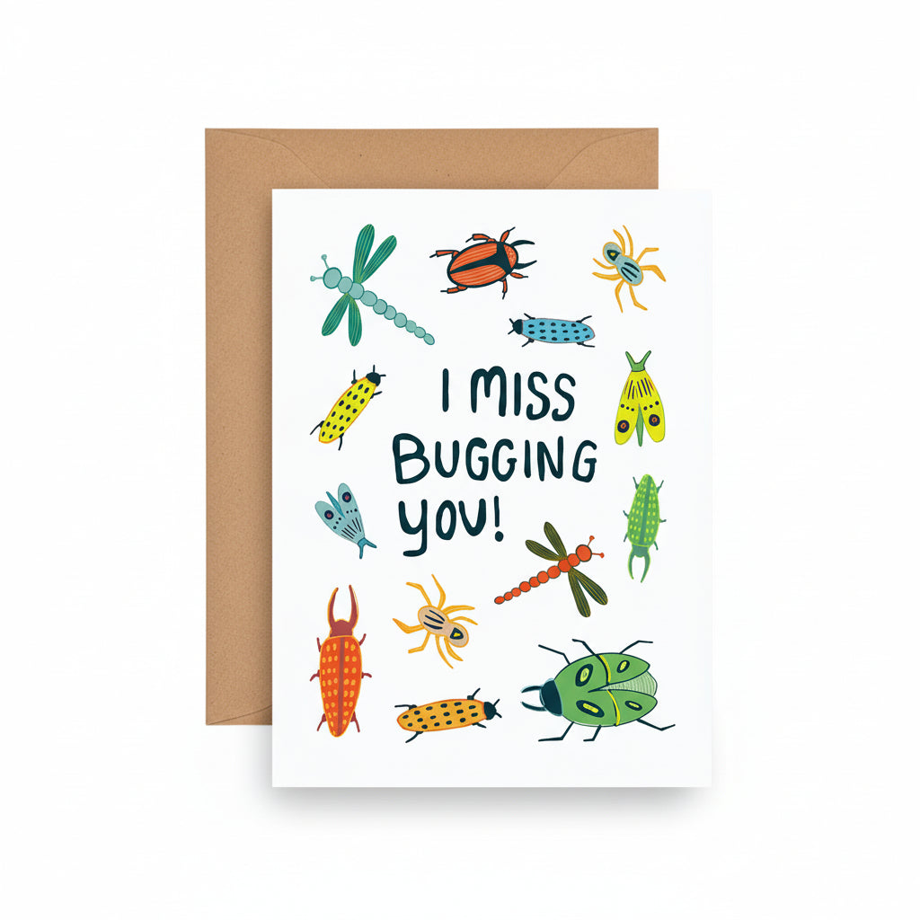 A colorful greeting card with various illustrated bugs and the text 'I MISS BUGGING YOU!' The card is accompanied by a brown kraft paper envelope.