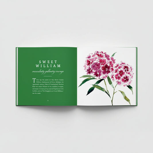Open pages of the book showing detailed floral art and symbolic meanings