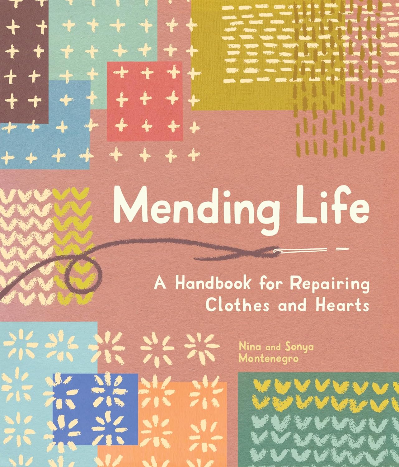 Book cover of 'Mending Life' with colorful patterns and text.