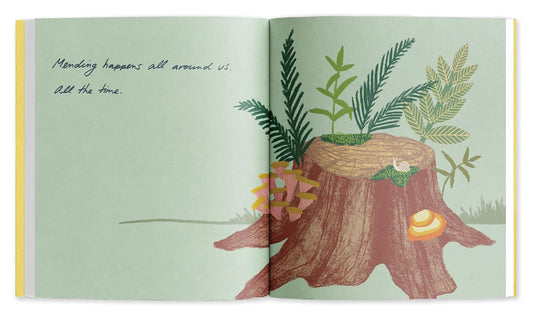 Illustrated book open to a page with a tree stump and plants on a light green background.