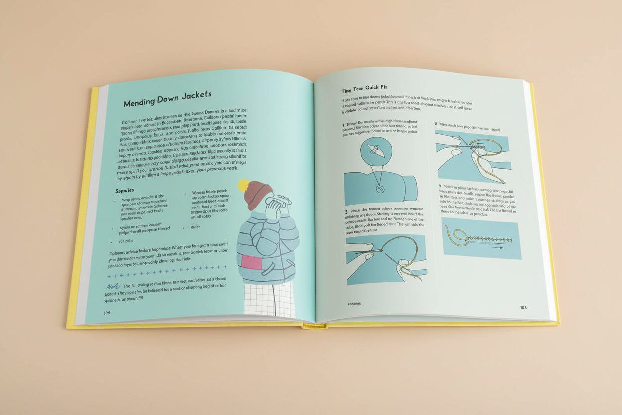 Open book showing instructions on mending down jackets with illustrations and text.