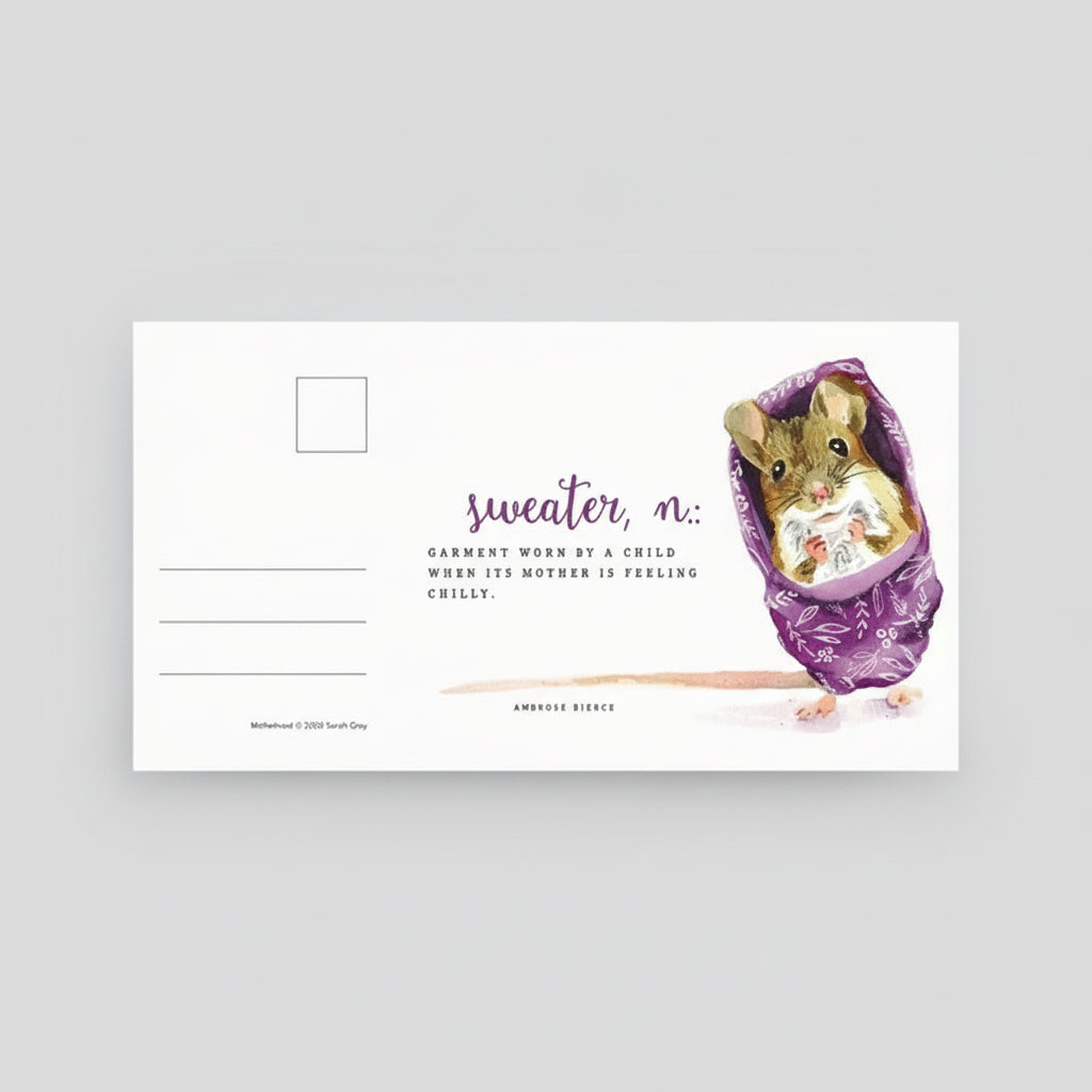 Wide variety of postcards including this one about a word that corresponds with motherhood, "sweater".