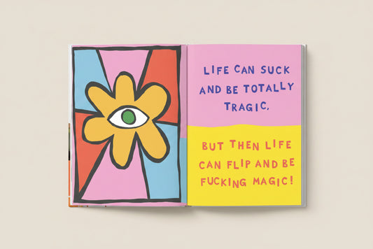 Page from the book with colorful illustrations and affirmations.