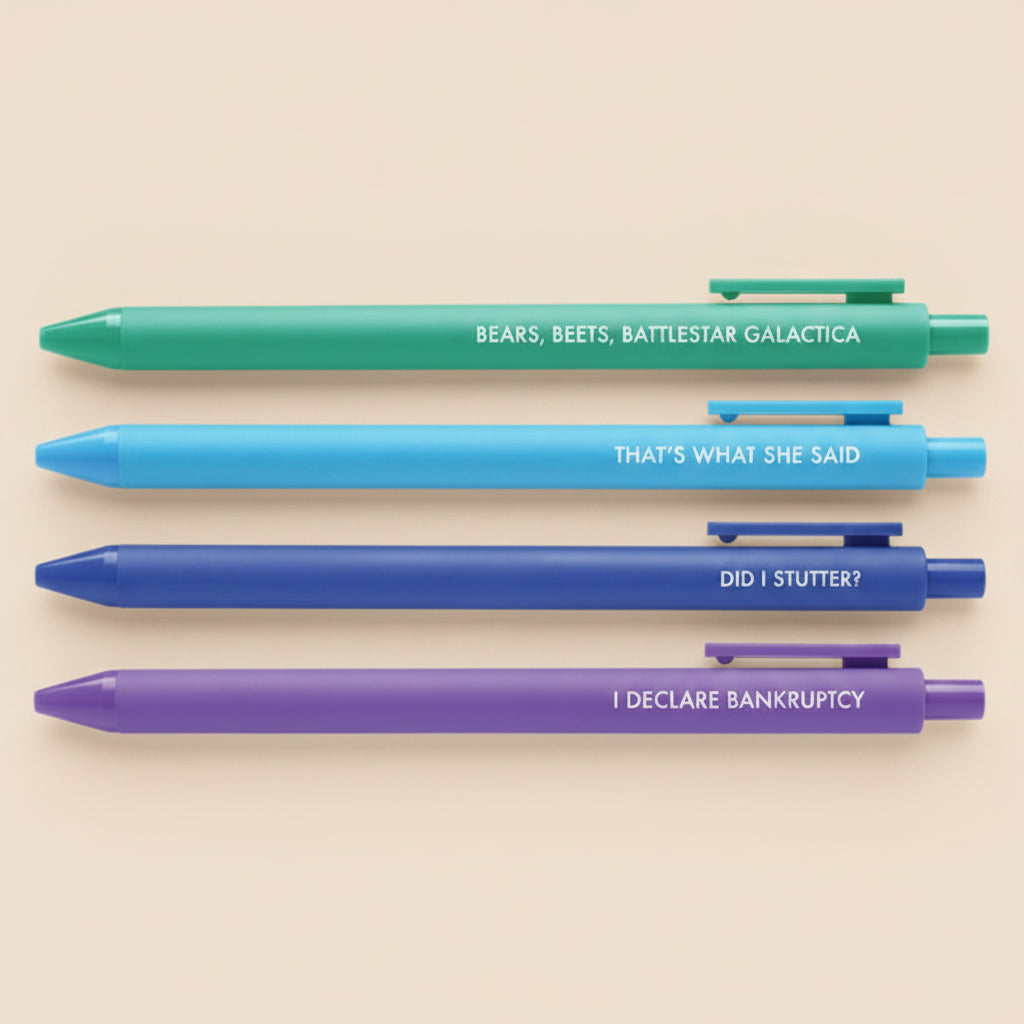 A set of four gel pens in various colors, each with a phrase from the TV show 'The Office' printed on the side.