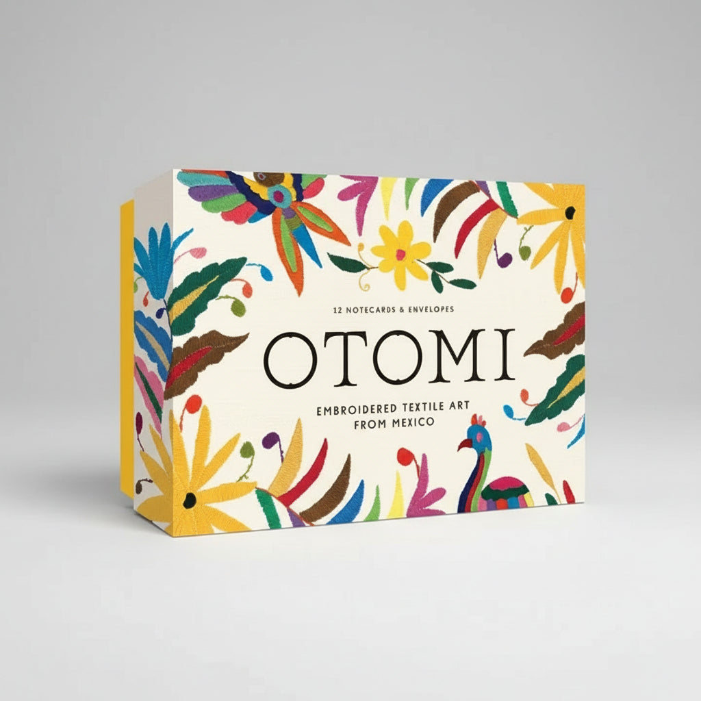Close up view of the notecard set with historical Otomi embroidery info card included