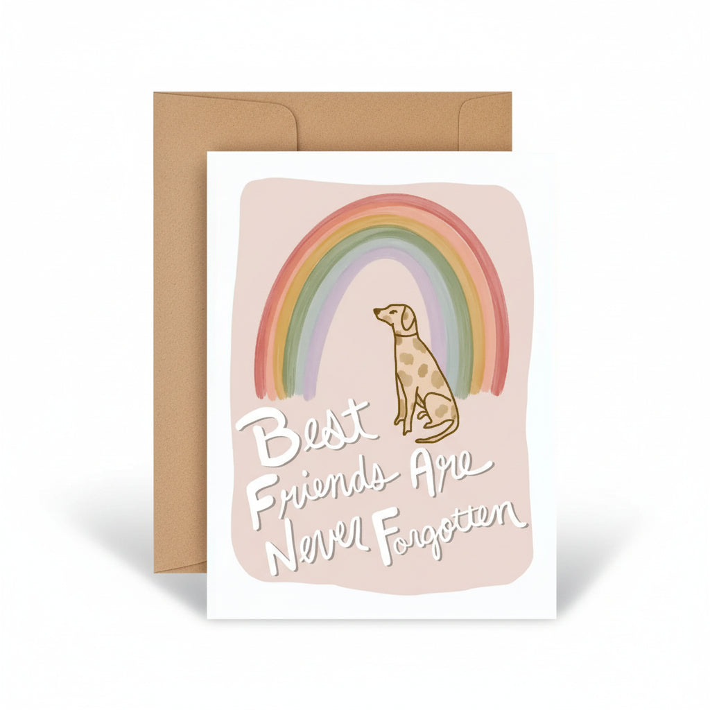 A sympathy card with a rainbow and a dog silhouette with a kraft envelope on a white background.