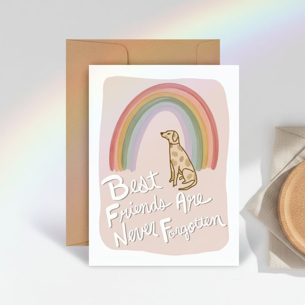 Greeting card with rainbow and dog illustration, 'Best Friends Are Never Forgotten' text, on a white background.