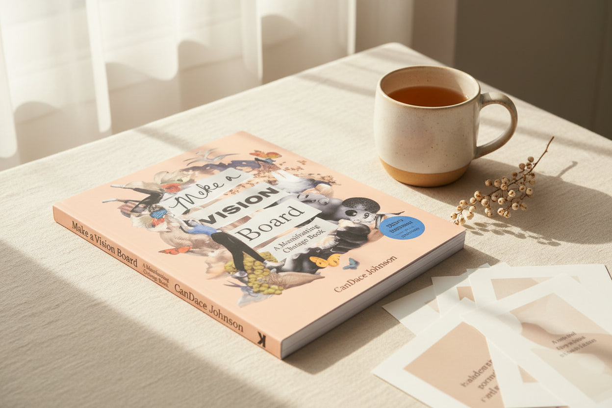 Book titled 'Make a Vision Board' by Candace Johnson on a desktop with a cup of tea and sheets of paper on a neutral background with natural elements