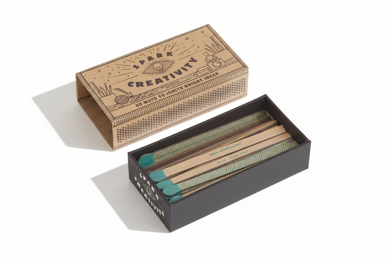 Matches with decorative packaging labeled 'Spark Creativity' on a white background