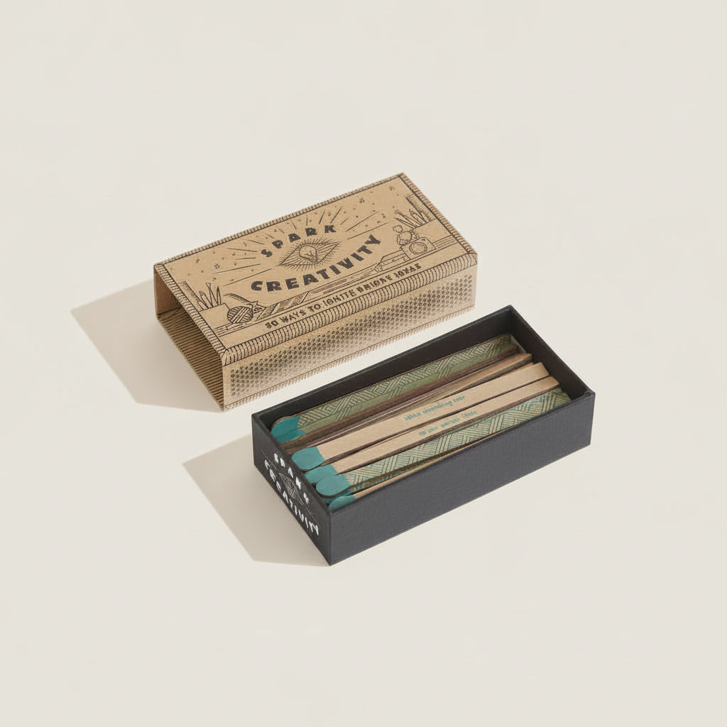 Matches with decorative packaging labeled 'Spark Creativity' on a white background