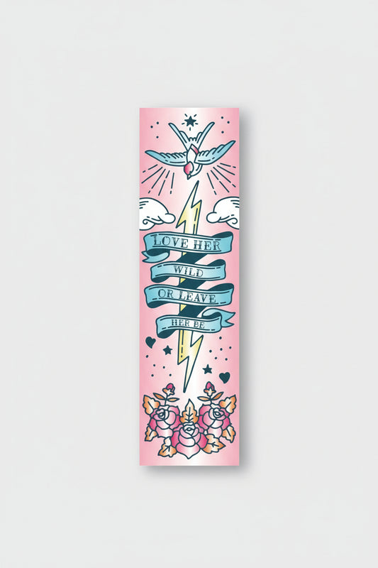 Close-up of a bookmark with classic flash tattoo artwork and empowering text
