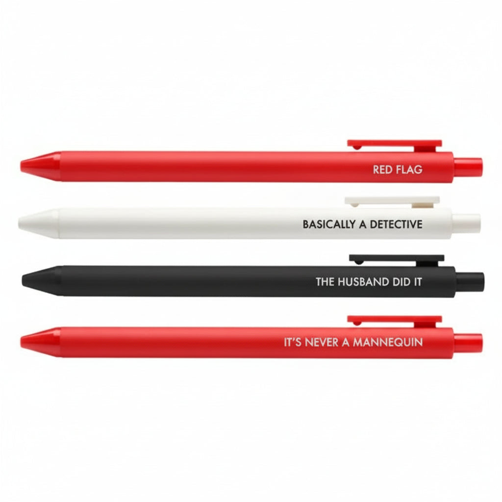 A set of four gel pens in red, white, and black colors, each with a different quirky phrase related to true crime, attached to white cards.