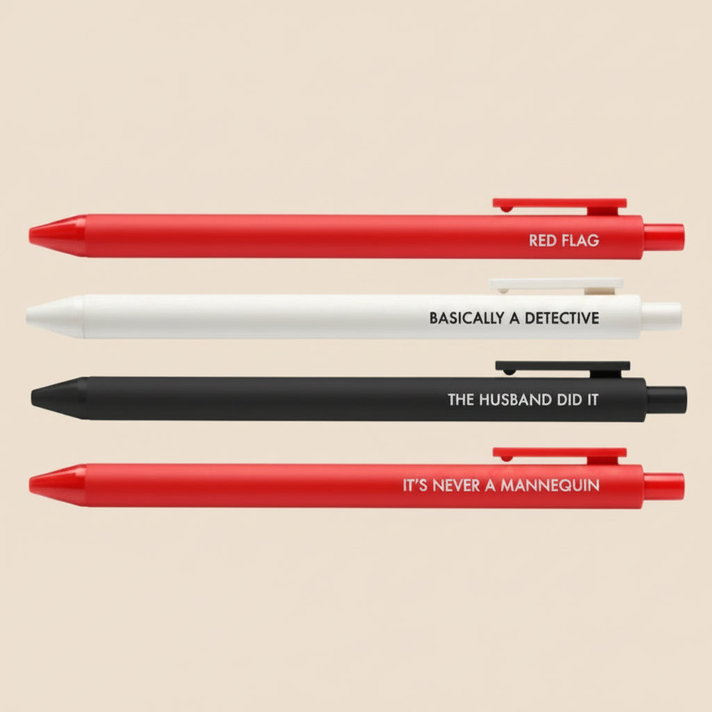 Four pens with humorous text on a white background