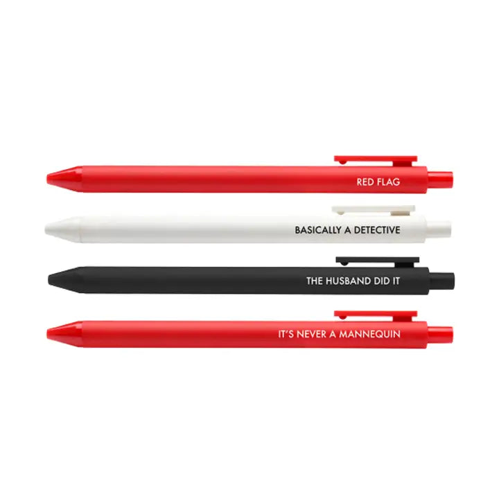 Set of True Crime-themed gel pens in black, red, and silver for your investigative notes.