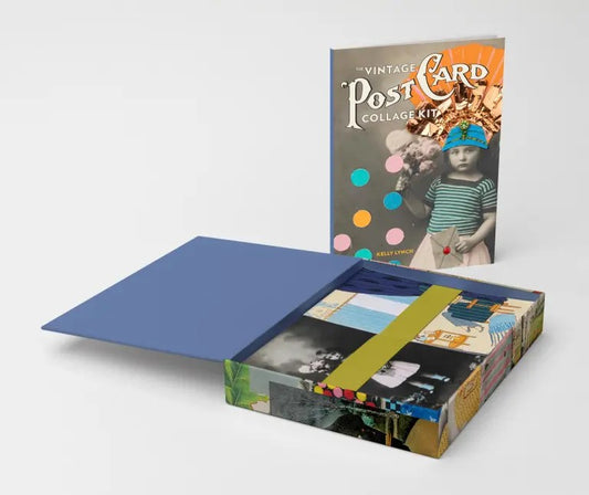 Vintage postcard collage kit with a child and polka dots on the cover, displayed on a white background.