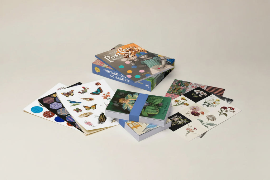 Collection of vintage-style sticker books on a gray background