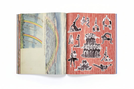 Open book with colorful illustrations on a white background