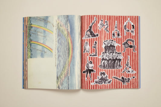Open book with colorful illustrations for creative projects on a light beige background