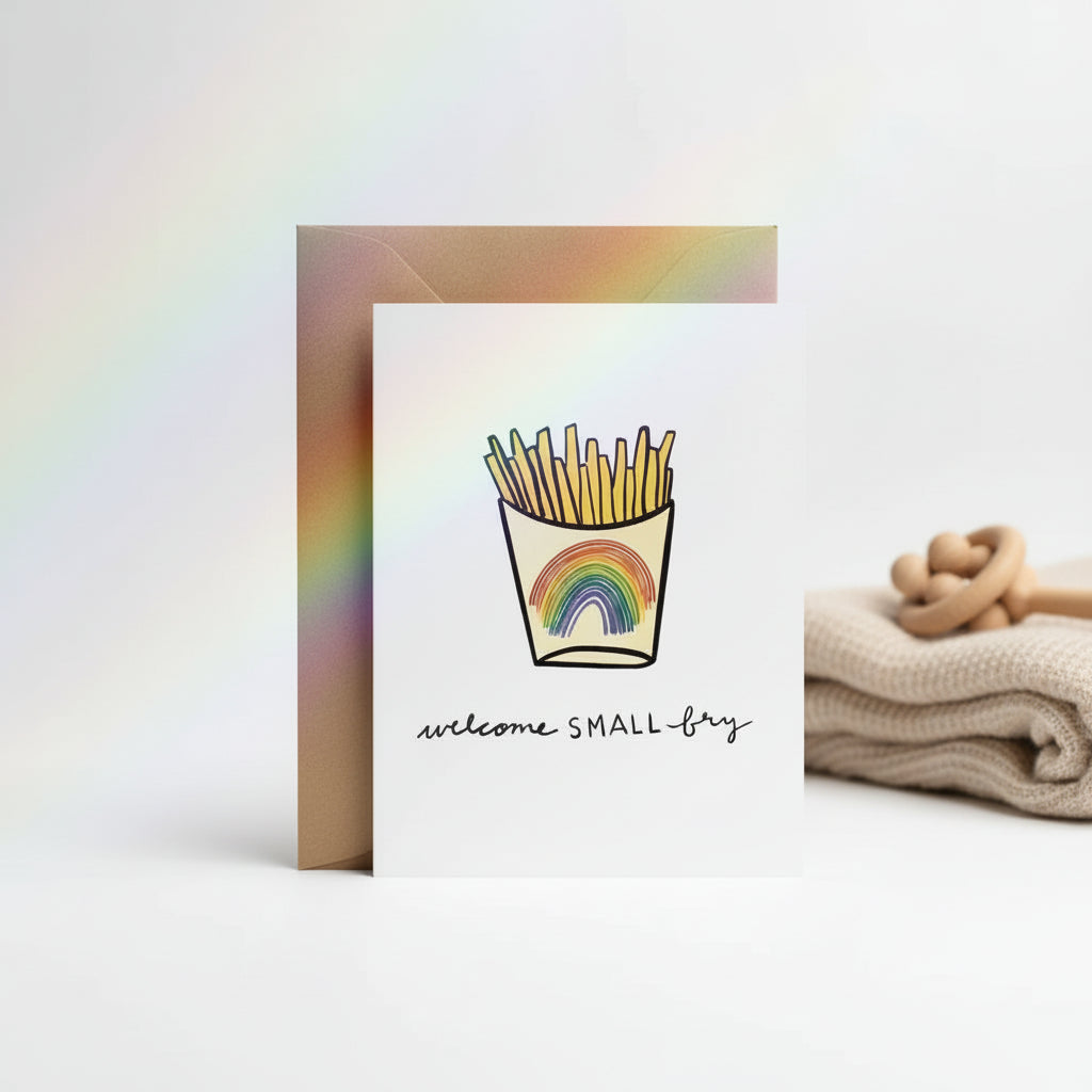 Greeting card with a illustration of fries and rainbow, brown envelope on white background