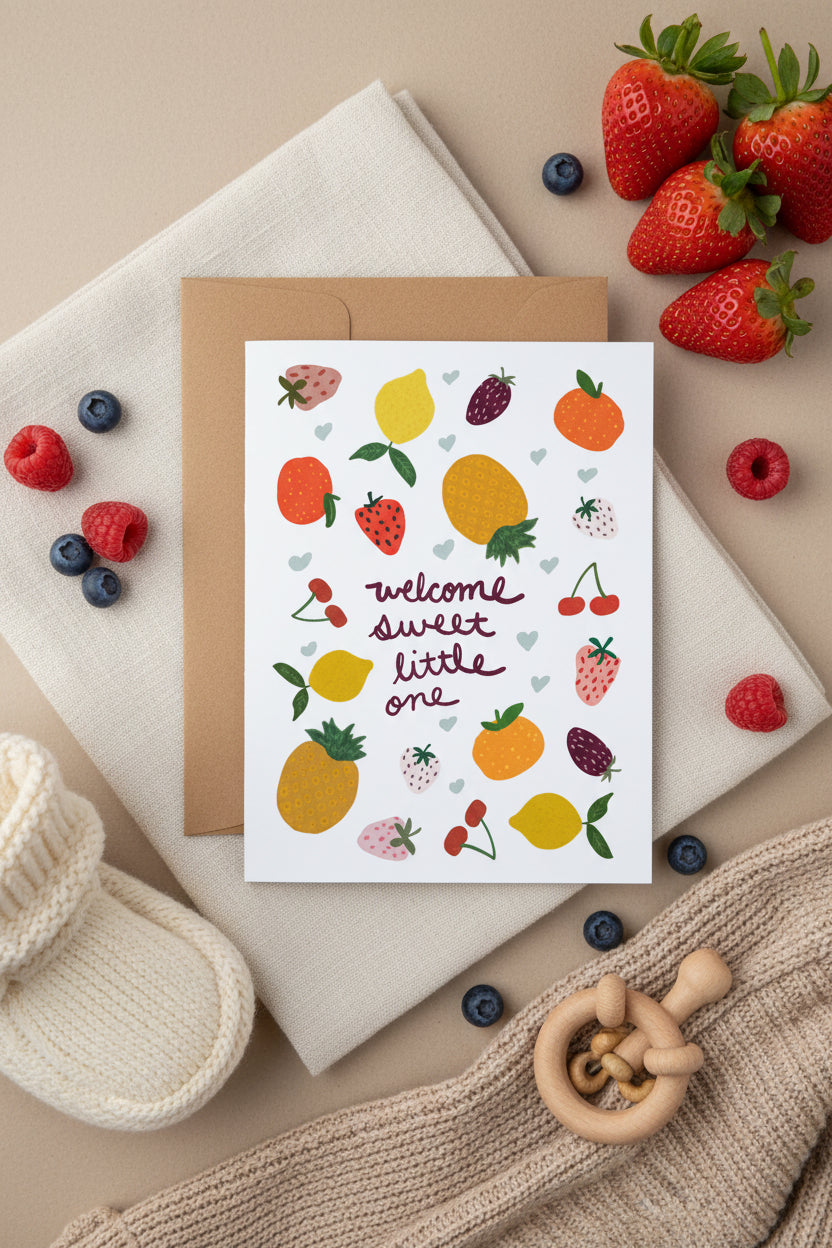Greeting card with fruit illustrations and 'welcome sweet little one' text, surrounded by baby blocks and toys.
