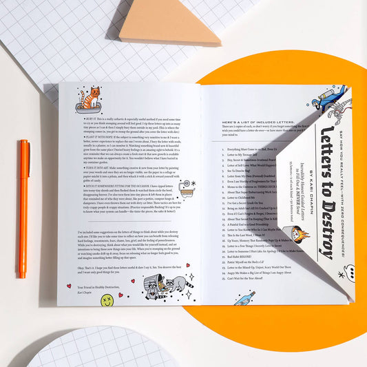 Letter with illustrations and text on a white surface with an orange border