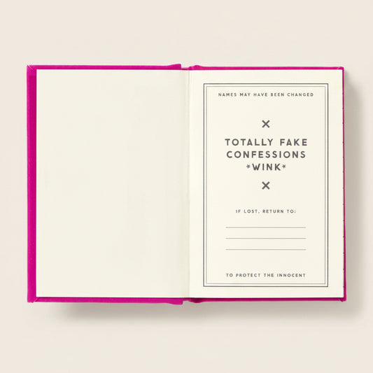 Open mini journal with a pink cover displaying text about 'Totally Fake Confessions' on a beige background.