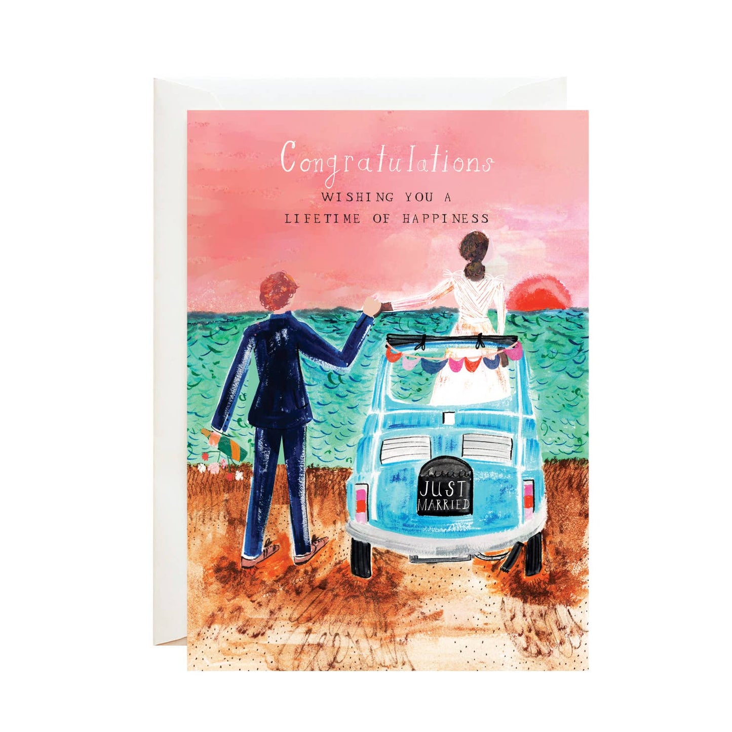 Illustrated wedding card showing a couple watching the sunset at the beach