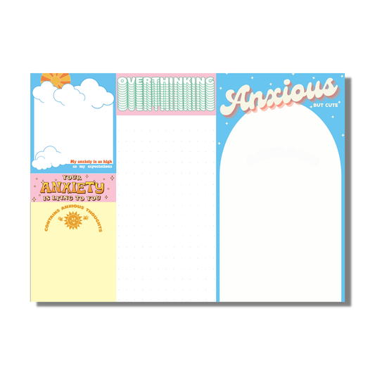Close up of the Ultimate anxiety notepad set with various designs for organization