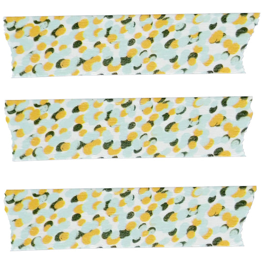 Three strips of fabric with a lemon pattern on a light blue background