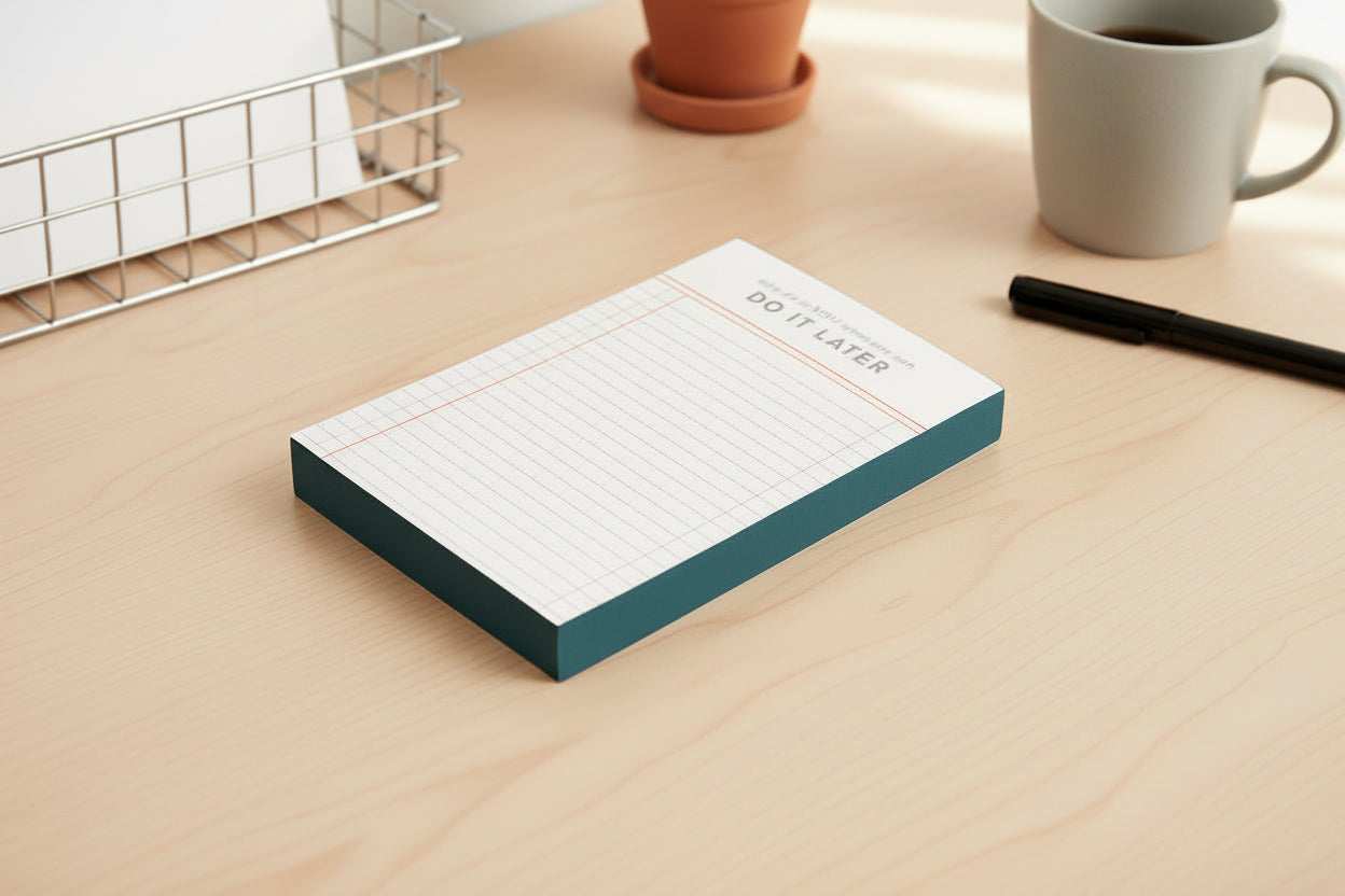 Notepad with grid layout on a wooden desk with a mug and pen in the background