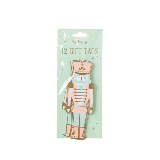 Pack of 12 gift tags with a nutcracker design on a light green card.