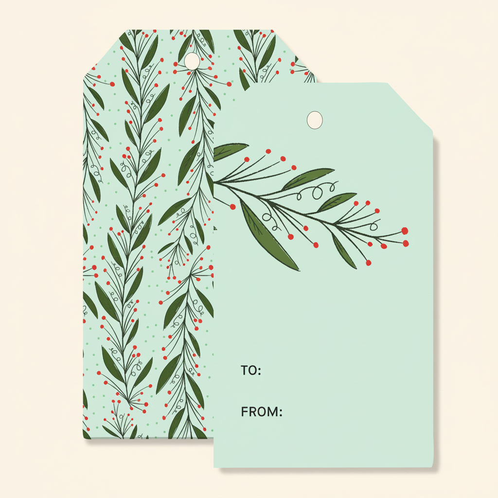 Set of 8 holiday gift tags with vintage postage stamp designs and twine