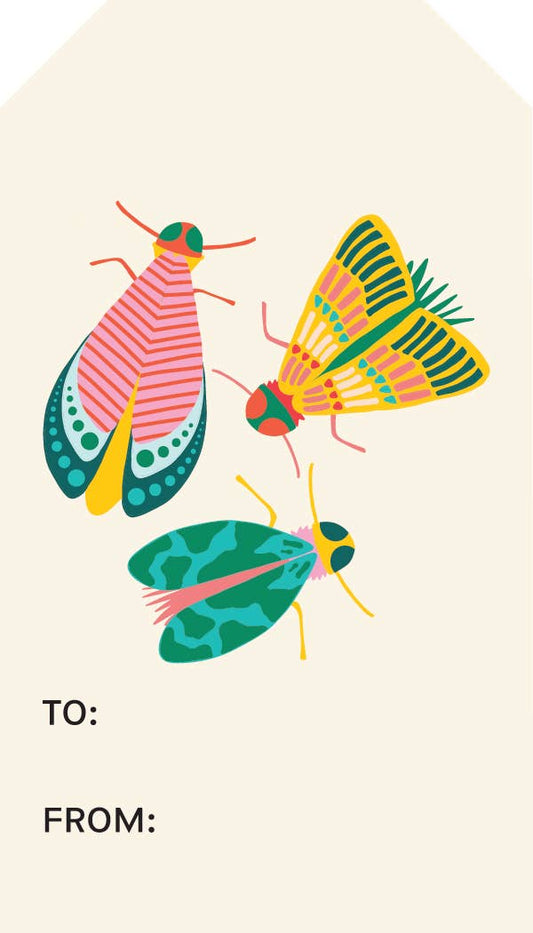 Close up of the front of the Dancing Bug gift tag with "To:" and From:" and vibrant bugs