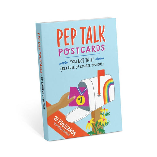 Pep Talk Postcards book with mailbox and rainbow design on a light blue background