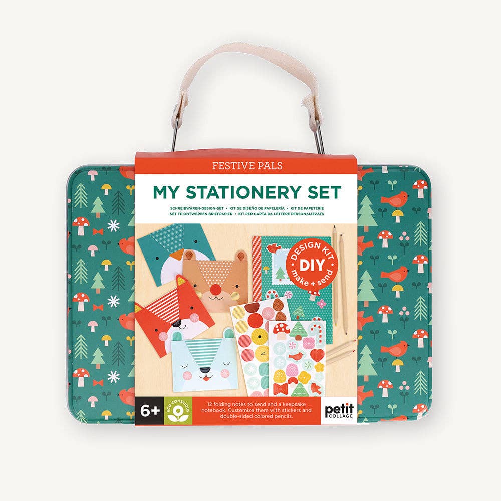 Festive Pals stationery set tin with carry handle and illustrated lid