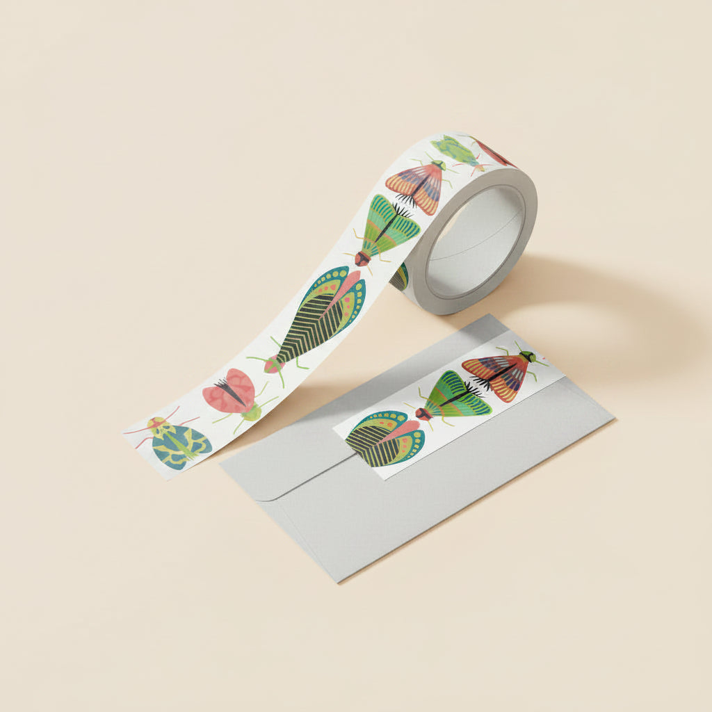 Close-up of the Dancing Bug insect illustrations on washi against a white background