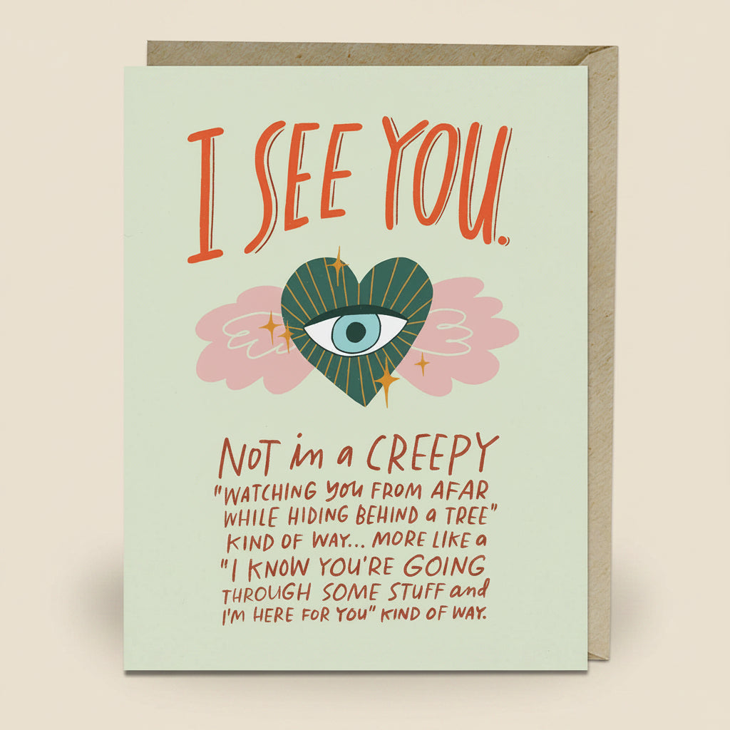 Card with 'I See You' text and eye design on a light green background