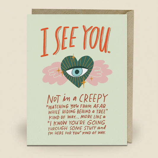 Card with 'I See You' text and eye design on a light green background