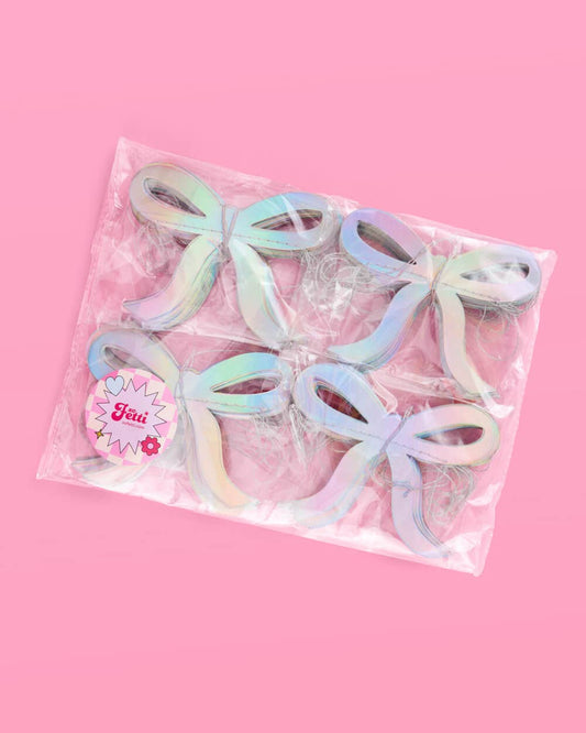 Glam pink bow garland with iridescent foil finish—4 strands, 12' each—perfect for adding sparkle to bridal showers, bachelorette parties, and baby showers.