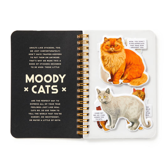 Notebook with cat-themed stickers and text on a white background