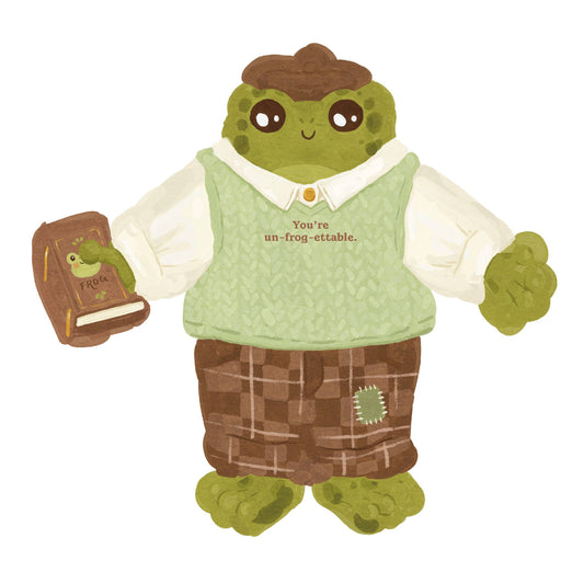 Top-down view of “What’s Hoppin’?” frog notecard set with four unique characters.