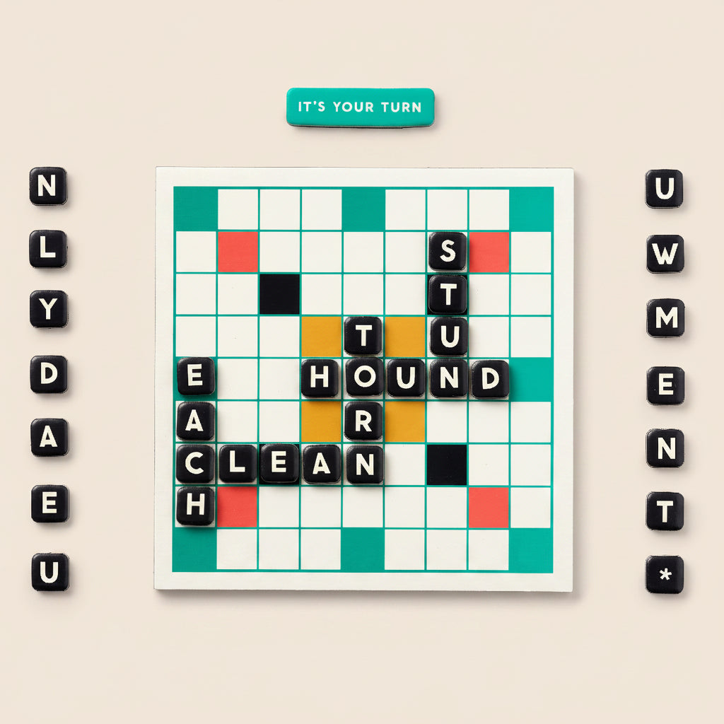Board game with crossword-style grid and letter tiles on a white background